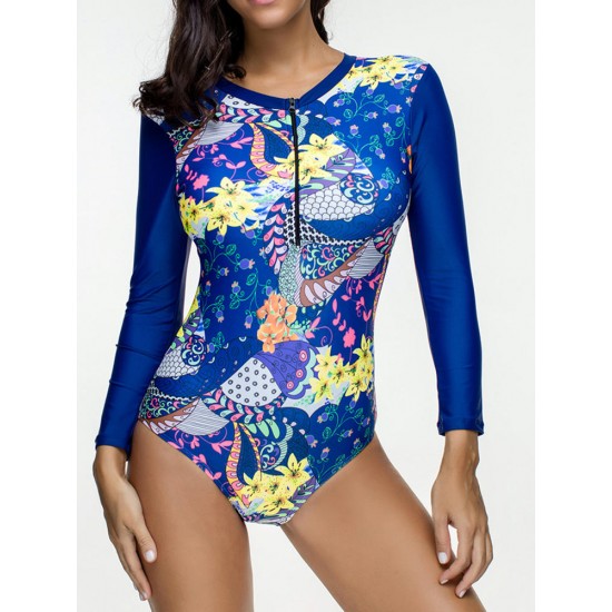 Conservative Printed Padding Long-sleeved Front Zipper Swimsuit Conservative Printed Padding Long-sleeved Front Zipper Swimsuit