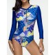 Conservative Printed Padding Long-sleeved Front Zipper Swimsuit