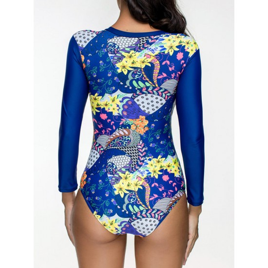 Conservative Printed Padding Long-sleeved Front Zipper Swimsuit