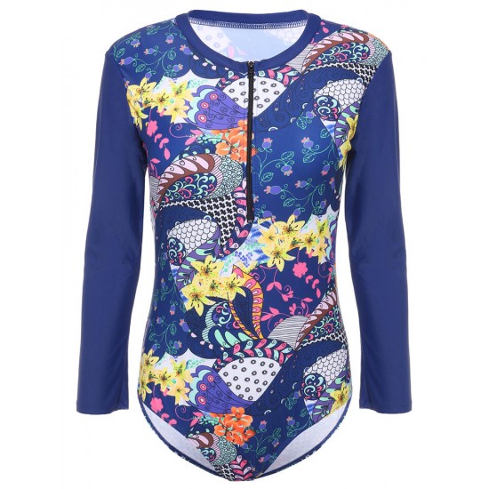Conservative Printed Padding Long-sleeved Front Zipper Swimsuit Conservative Printed Padding Long-sleeved Front Zipper Swimsuit