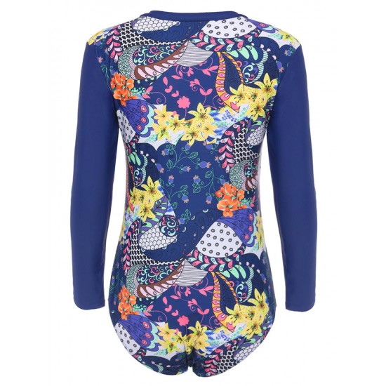 Conservative Printed Padding Long-sleeved Front Zipper Swimsuit Conservative Printed Padding Long-sleeved Front Zipper Swimsuit