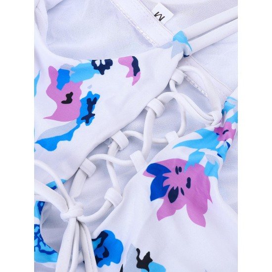 Criss-Cross Plum Blossom Printed One-Pieces Swimwear