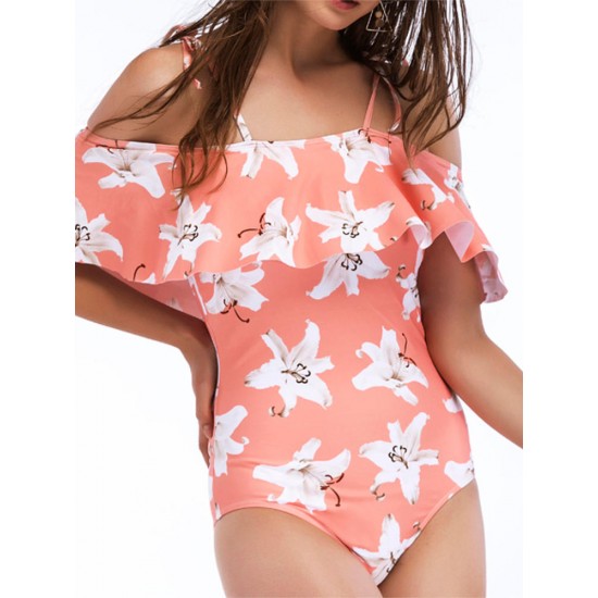 Flounce Flowers Printed Off Shoulder String Bathing Suit