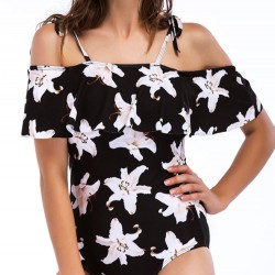 Flounce Flowers Printed Off Shoulder String Bathing Suit
