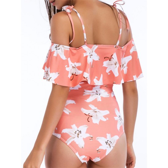 Flounce Flowers Printed Off Shoulder String Bathing Suit Flounce Flowers Printed Off Shoulder String Bathing Suit