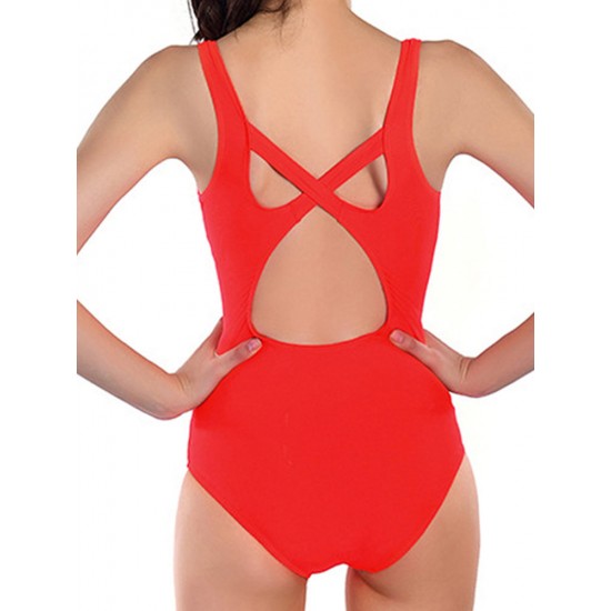 Front Zipper Hollow Out Criss-Cross Back Quick Drying Stretchy One Piece Swimsuits