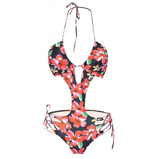 Halter One Piece Swimsuit Printing Strap Bikini Beach Bathing Suit