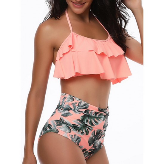 High Waist Split Halter Ruffled Collar Swimwear By Banggood