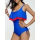 Hit Color Flounces Covered Belly Hollow Out Waist Swimwear Monokinis