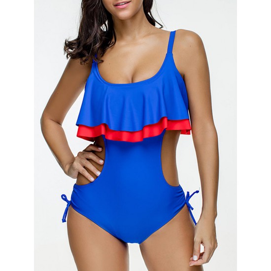 Hit Color Flounces Covered Belly Hollow Out Waist Swimwear Monokinis