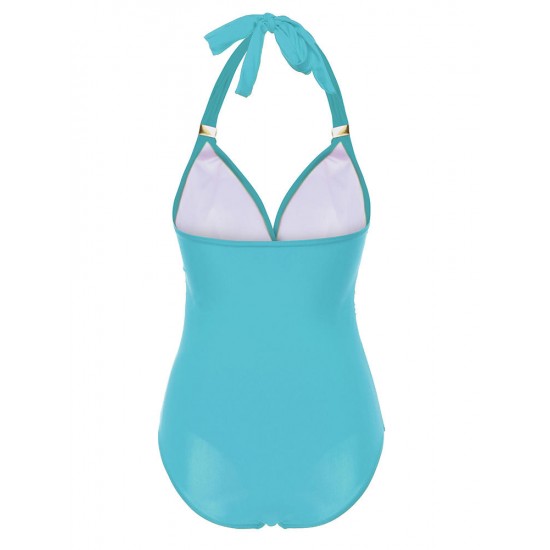 Push Up Wave Cut Halter One Piece Swimsuit Gather Slimming Swimwear For Women