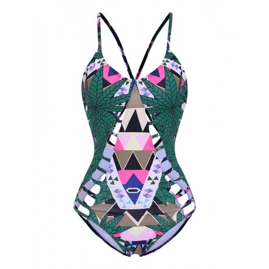 Sexy Deep Plunge Printed Hollow Out Cut Cross-criss Back Swimwear Suits