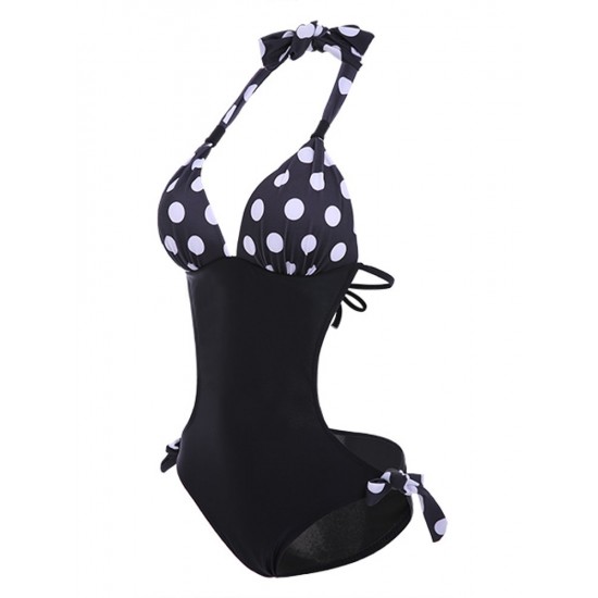 Sexy Halter Plunge Polka Dot Zebra Swimwear Backless Wireless One Piece