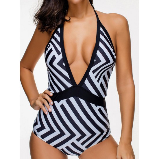 Sexy Low V Stripes Halter Neck Sleeveless One-Pieces Bathing Suit