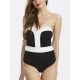 Women Sexy Strapless Color Splicing Deep V-shaped Wire Free One Piece Swimsuit Beachwear