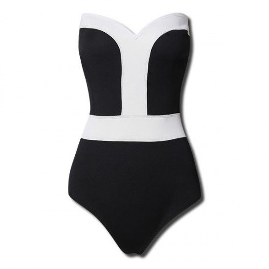 Women Sexy Strapless Color Splicing Deep V-shaped Wire Free One Piece Swimsuit Beachwear