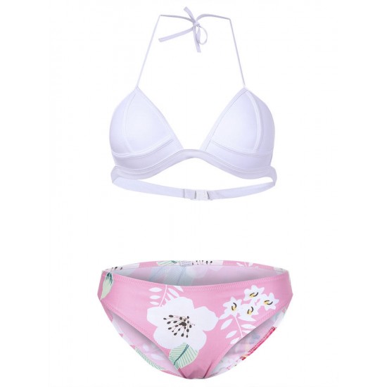 2Pcs Halter Triangle Cup Swimwear Flower Printing Bikini Sets