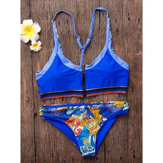 2pcs Front Zipper Printed Reversible Strappy Y Back Bikini Set