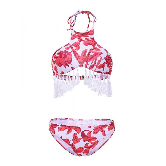 Backless Printed Wireless Halter Elastic Breathable Tankinis Sets