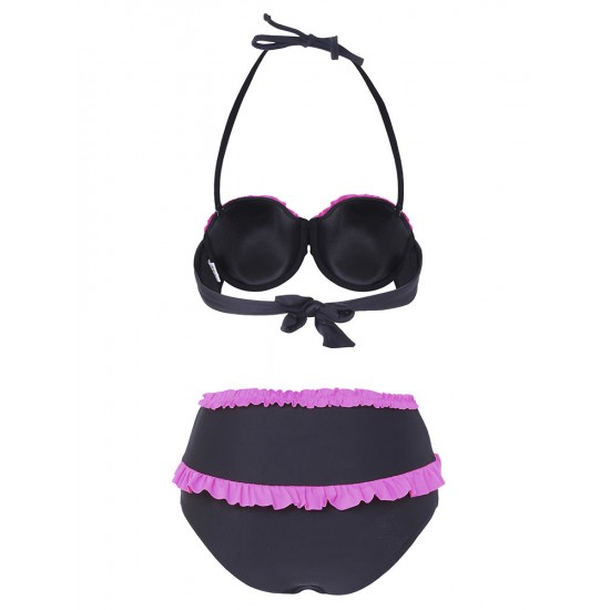 Black High Waist Swimwear Neon Rose Ruffles and Bows Bikini Set