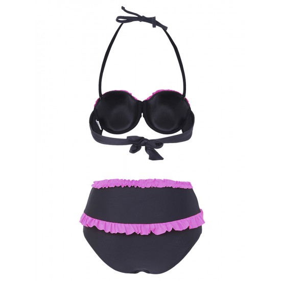 Black High Waist Swimwear Neon Rose Ruffles and Bows Bikini Set Black High Waist Swimwear Neon Rose Ruffles and Bows Bikini Set