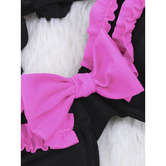 Black High Waist Swimwear Neon Rose Ruffles and Bows Bikini Set