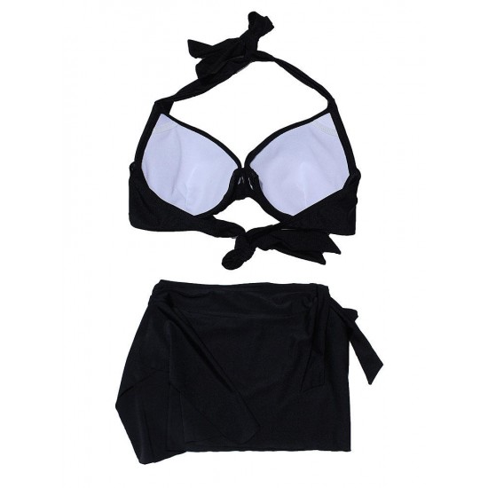 Black Sexy Halter Plunge Three Piece Swimwear Backless Lace-Up Beachsuit Black Sexy Halter Plunge Three Piece Swimwear Backless Lace-Up Beachsuit