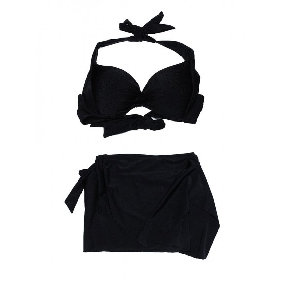 Black Sexy Halter Plunge Three Piece Swimwear Backless Lace-Up Beachsuit Black Sexy Halter Plunge Three Piece Swimwear Backless Lace-Up Beachsuit