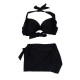 Black Sexy Halter Plunge Three Piece Swimwear Backless Lace-Up Beachsuit