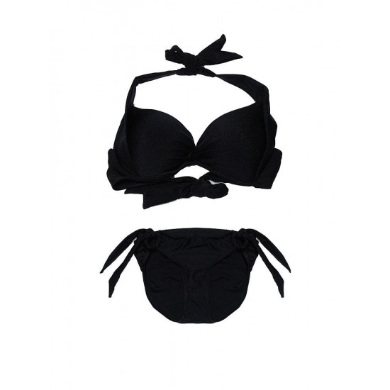 Black Sexy Halter Plunge Three Piece Swimwear Backless Lace-Up Beachsuit