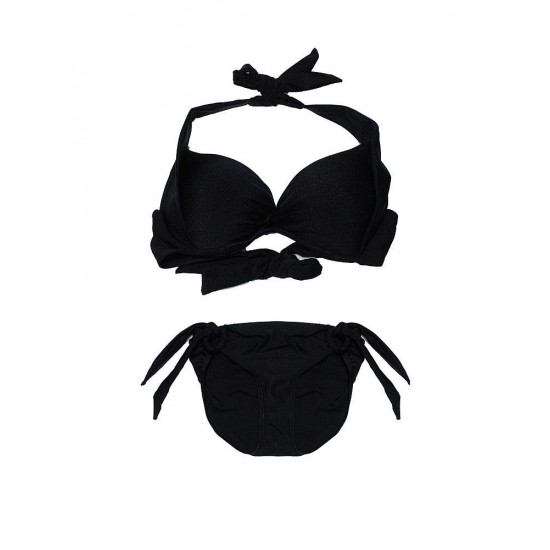 Black Sexy Halter Plunge Three Piece Swimwear Backless Lace-Up Beachsuit Black Sexy Halter Plunge Three Piece Swimwear Backless Lace-Up Beachsuit