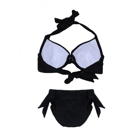 Black Sexy Halter Plunge Three Piece Swimwear Backless Lace-Up Beachsuit Black Sexy Halter Plunge Three Piece Swimwear Backless Lace-Up Beachsuit