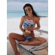Blue Hand-knitted Openwork Stitching Print Halter Bikini Blue Hand-knitted Openwork Stitching Print Halter Bikini