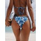 Blue Hand-knitted Openwork Stitching Print Halter Bikini Blue Hand-knitted Openwork Stitching Print Halter Bikini