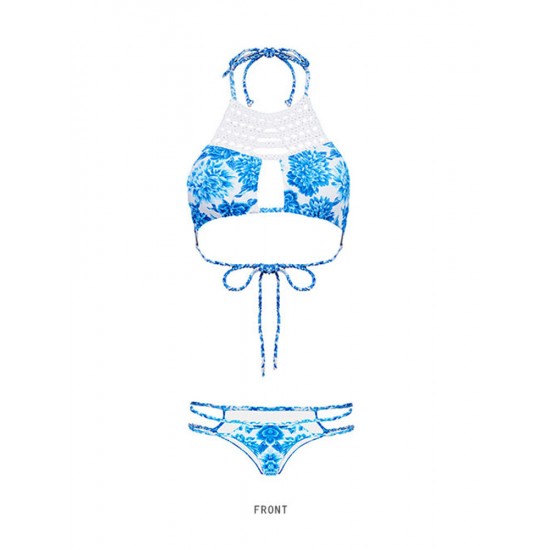Blue Hand-knitted Openwork Stitching Print Halter Bikini Blue Hand-knitted Openwork Stitching Print Halter Bikini