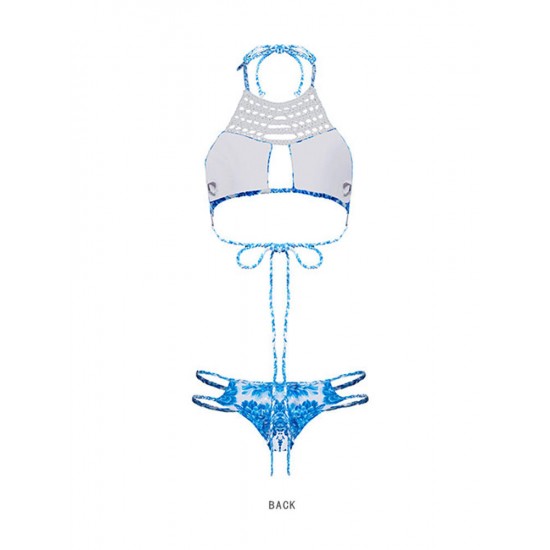 Blue Hand-knitted Openwork Stitching Print Halter Bikini