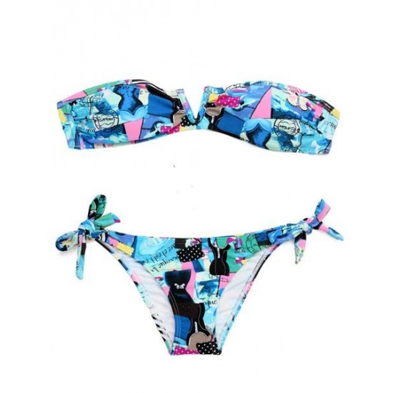 Bluish Patchwork Print V Wire Strapless Bandeau Bikini Bluish Patchwork Print V Wire Strapless Bandeau Bikini