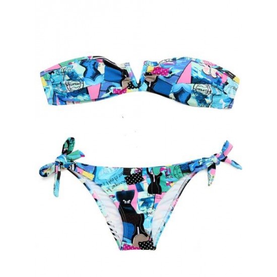 Bluish Patchwork Print V Wire Strapless Bandeau Bikini