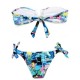 Bluish Patchwork Print V Wire Strapless Bandeau Bikini