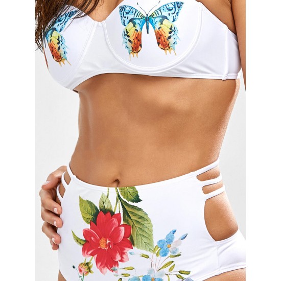 Butterfly Floral Pattern Halter Padding Shorts Swimsuit Bikini