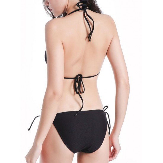 Sexy Halter Backless Plunge Swimwear Pure Color Bikini Sets