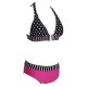 Sexy Swimsuit Halter Polka Dot Strap Spliced Padded Bikini Set