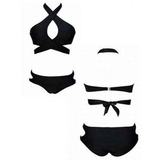 Women Black High V Neck Bandage Cross Hollow Out Low Waist Bikini Beachwear