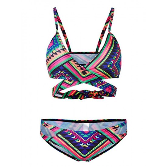 Women Geometric Pattern Bandage Push Up Padded Brazilian Bikini Sets Two-Piece Beachwear