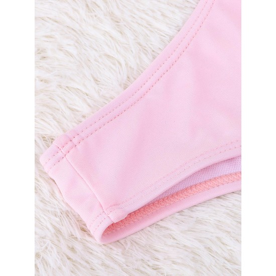 Women Sexy Pink Criss Cross Belt Wireless Bikini Halter Lace-Up Solid Color Swimwear