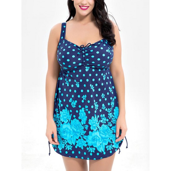 5XL One-Piece Back Strap Women Swimdress With Polka Dot