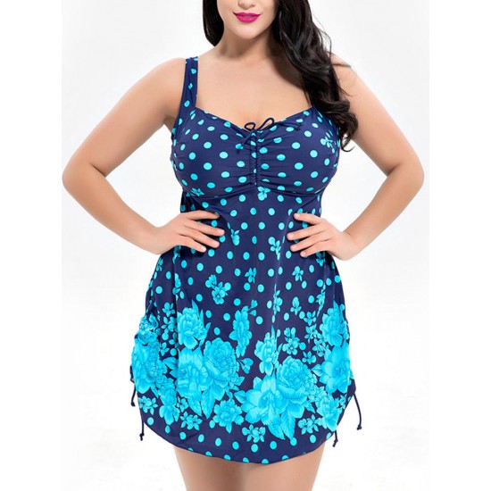 5XL One-Piece Back Strap Women Swimdress With Polka Dot