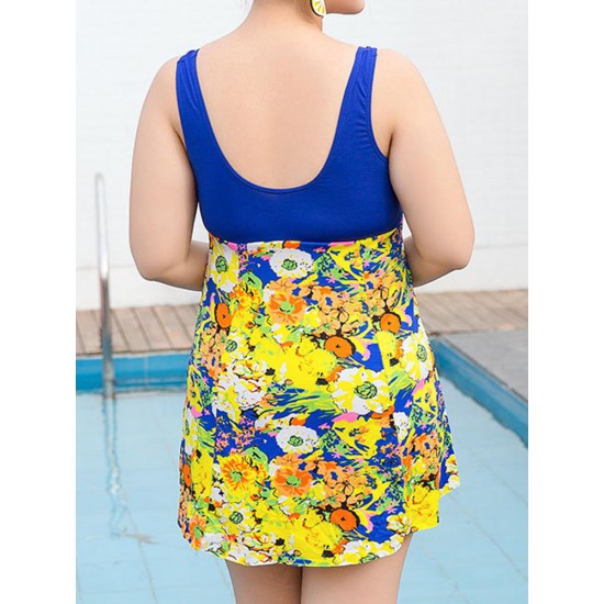 Conservative Deep V Sleeveless Flower Printing U Shape Back Wireless Swimdresses Conservative Deep V Sleeveless Flower Printing U Shape Back Wireless Swimdresses