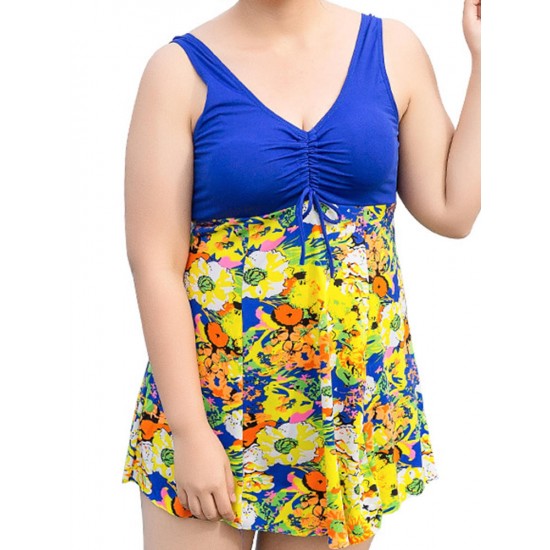 Conservative Deep V Sleeveless Flower Printing U Shape Back Wireless Swimdresses