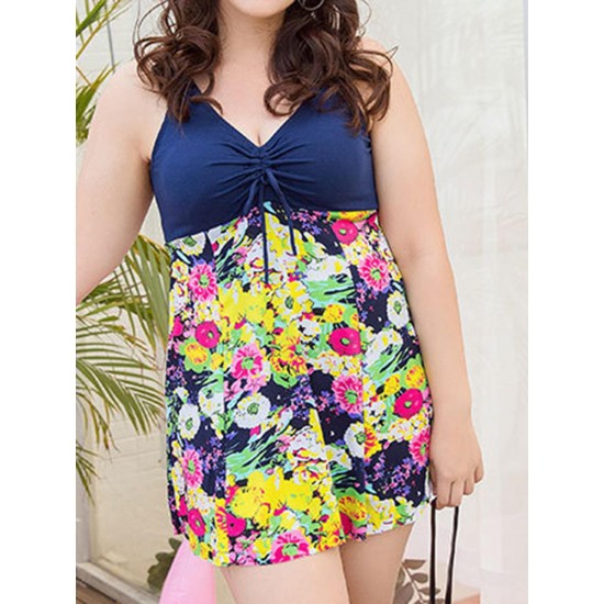 Conservative Deep V Sleeveless Flower Printing U Shape Back Wireless Swimdresses